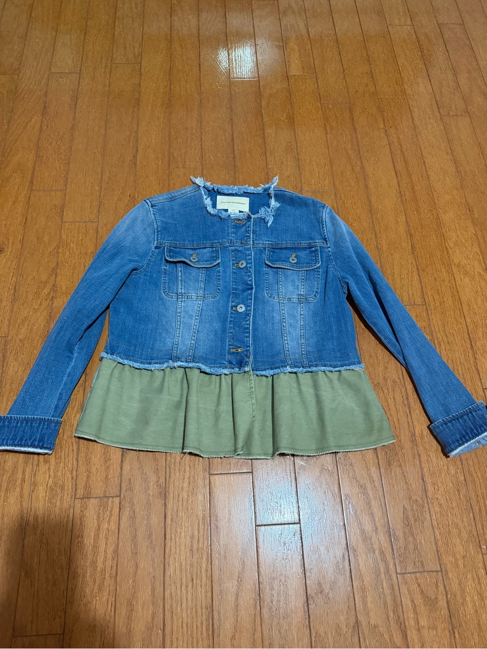 Anthropologie Blue Denim Jacket with Olive Peplum Hem